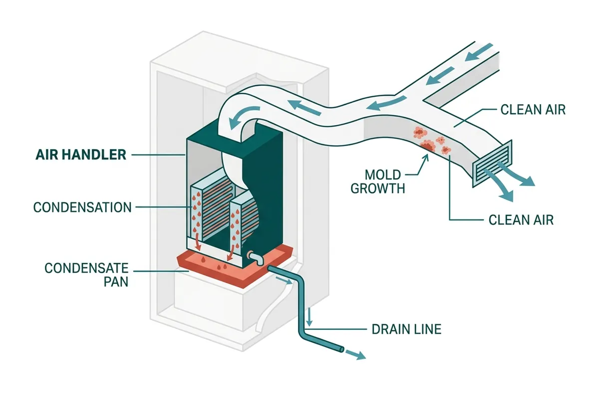 Diagram of the AC condensation path that feeds indoor mold in a Florida home