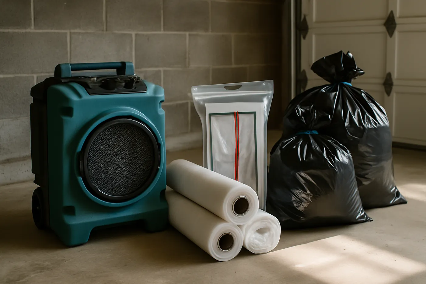 HEPA air scrubber, containment poly, and sealed waste bags staged for a Jacksonville remediation