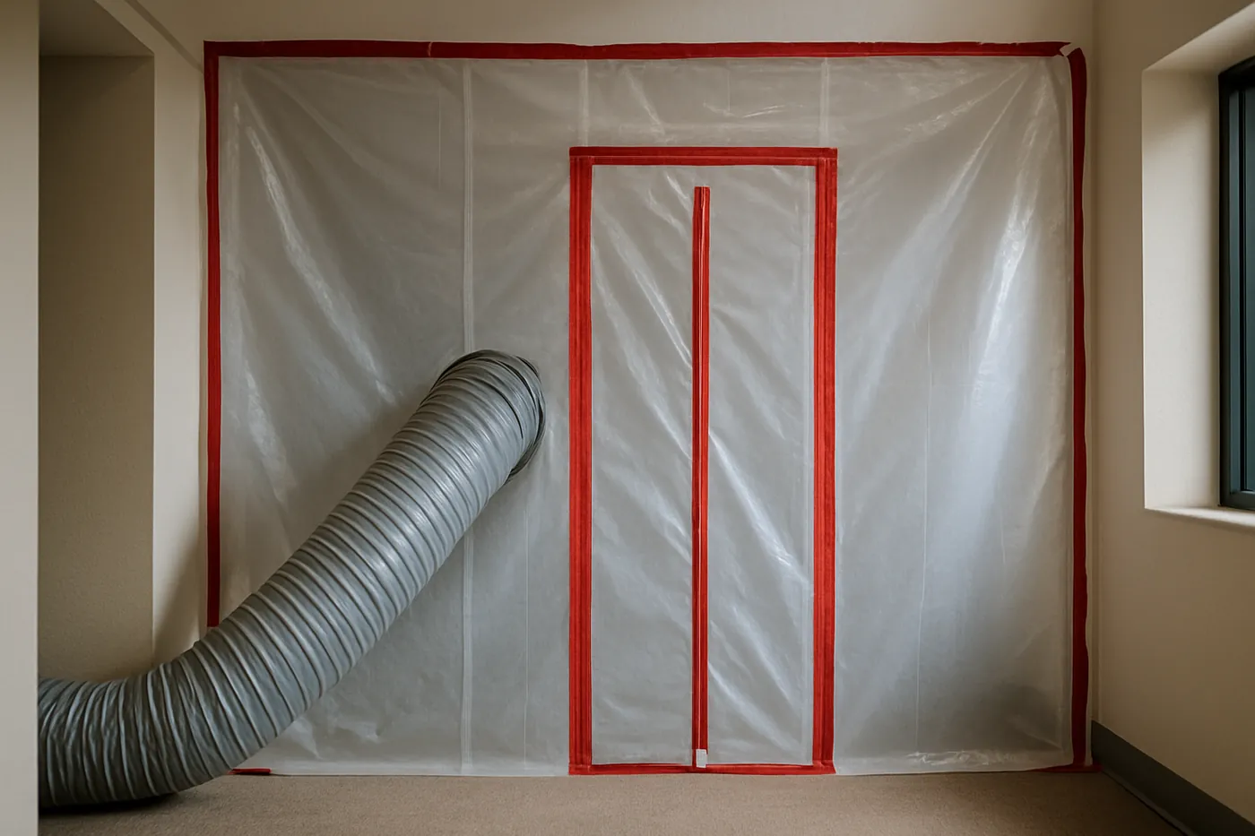 Poly containment barrier with zipper door sealing a hallway during Jacksonville mold removal